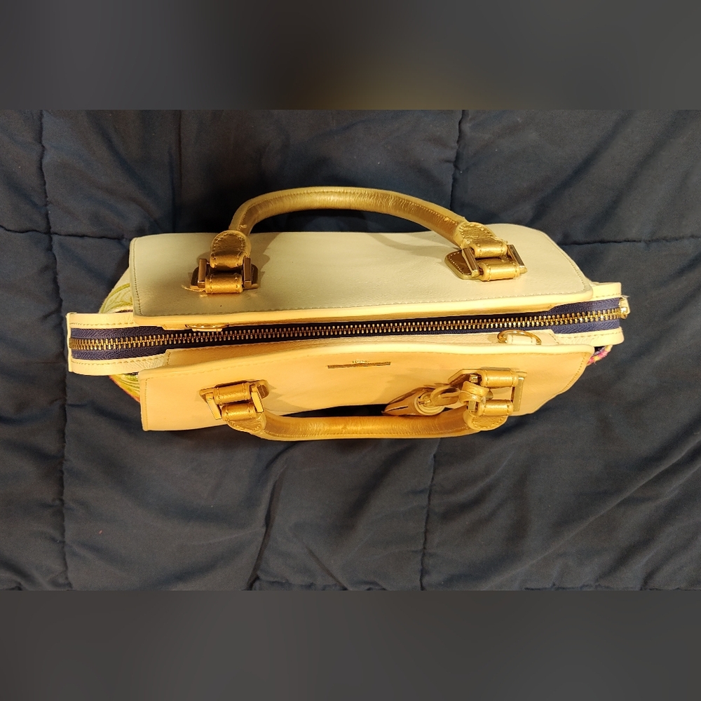 Spartina 449 Large Genuine Leather Tropical Ivory & Gold Shoulder Bag Handbag - Picture 9 of 14